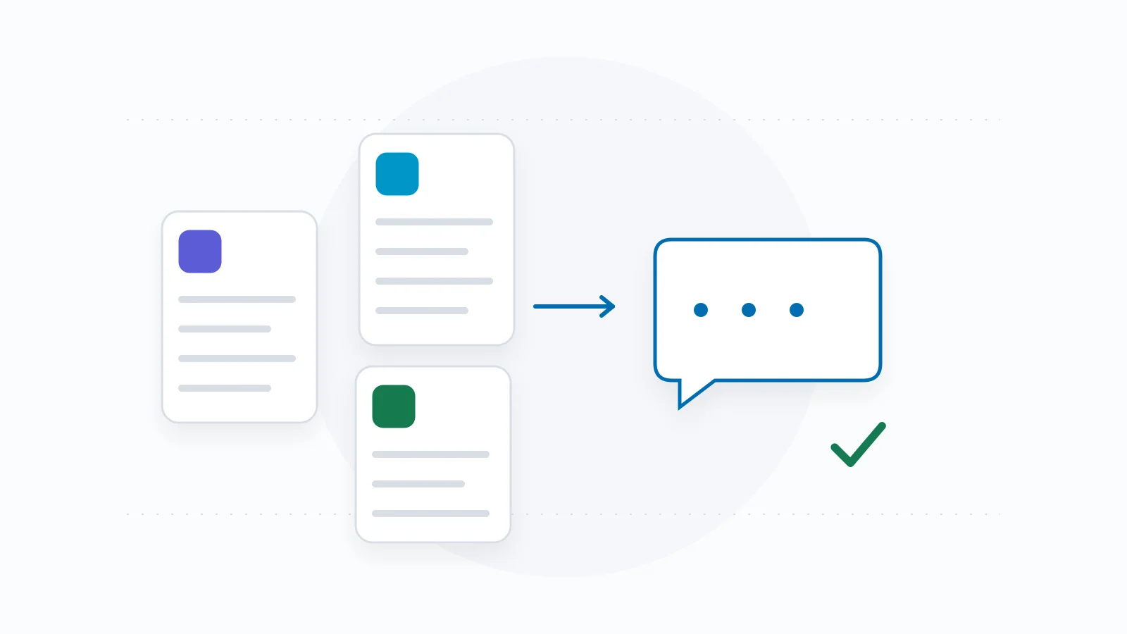 Three source documents connected to a conversation with a verification mark.