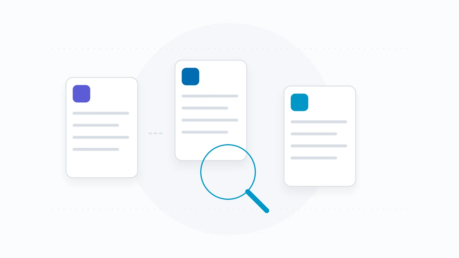 Three editorial documents with a magnifying glass in the foreground.