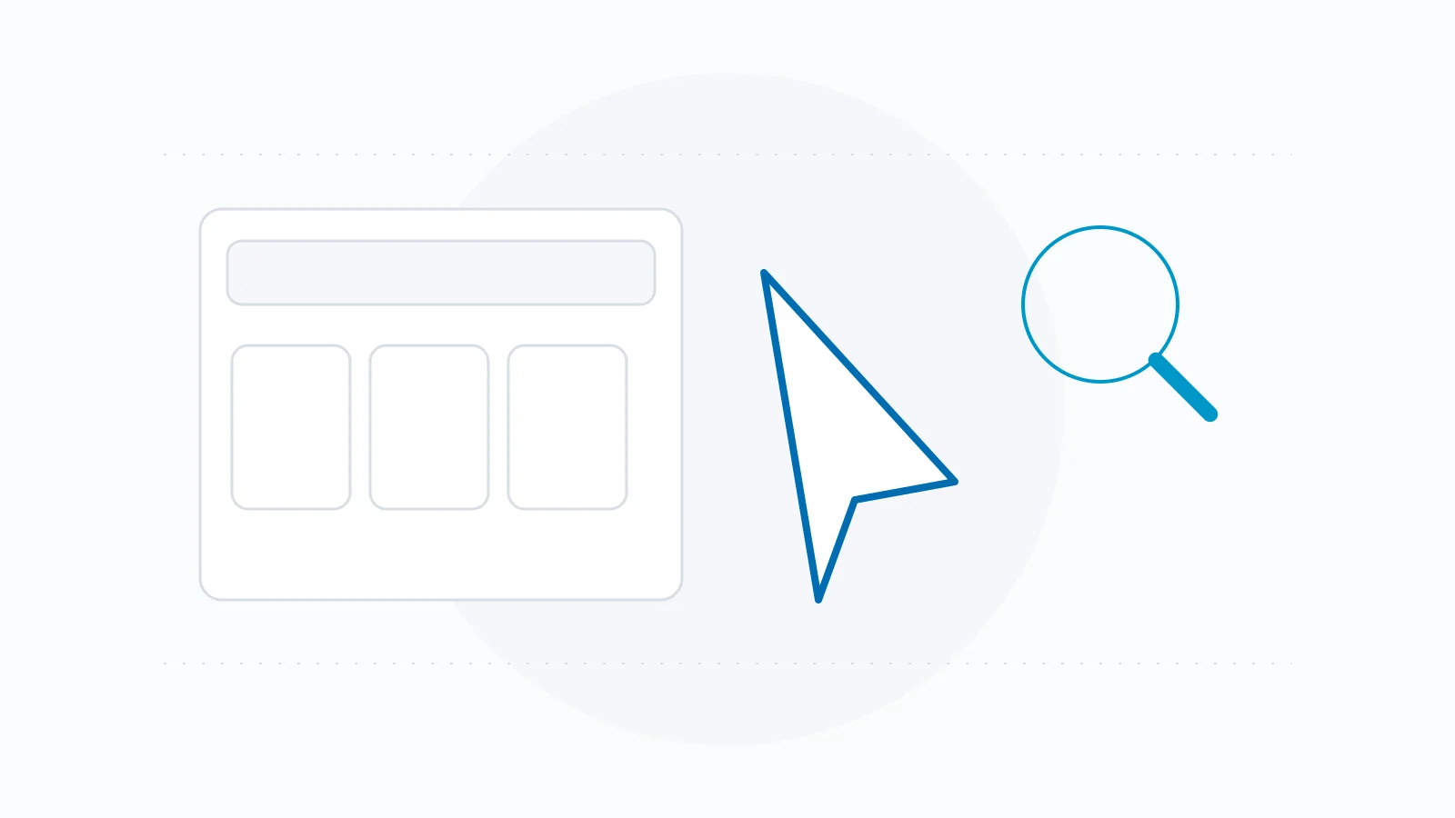 A website wireframe beside a pointer and a magnifying glass.