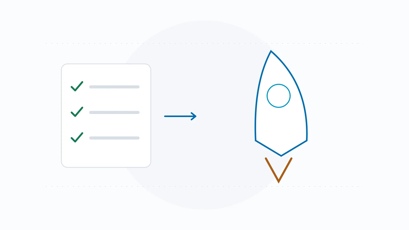 A checked launch list beside a simple rocket illustration.