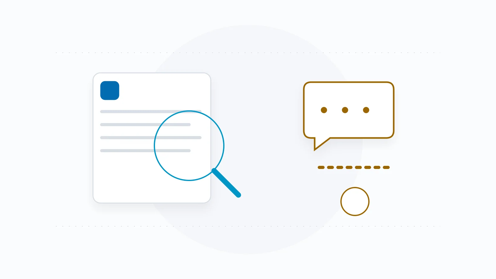 Website pages and a magnifying glass beside an unanswered conversation.
