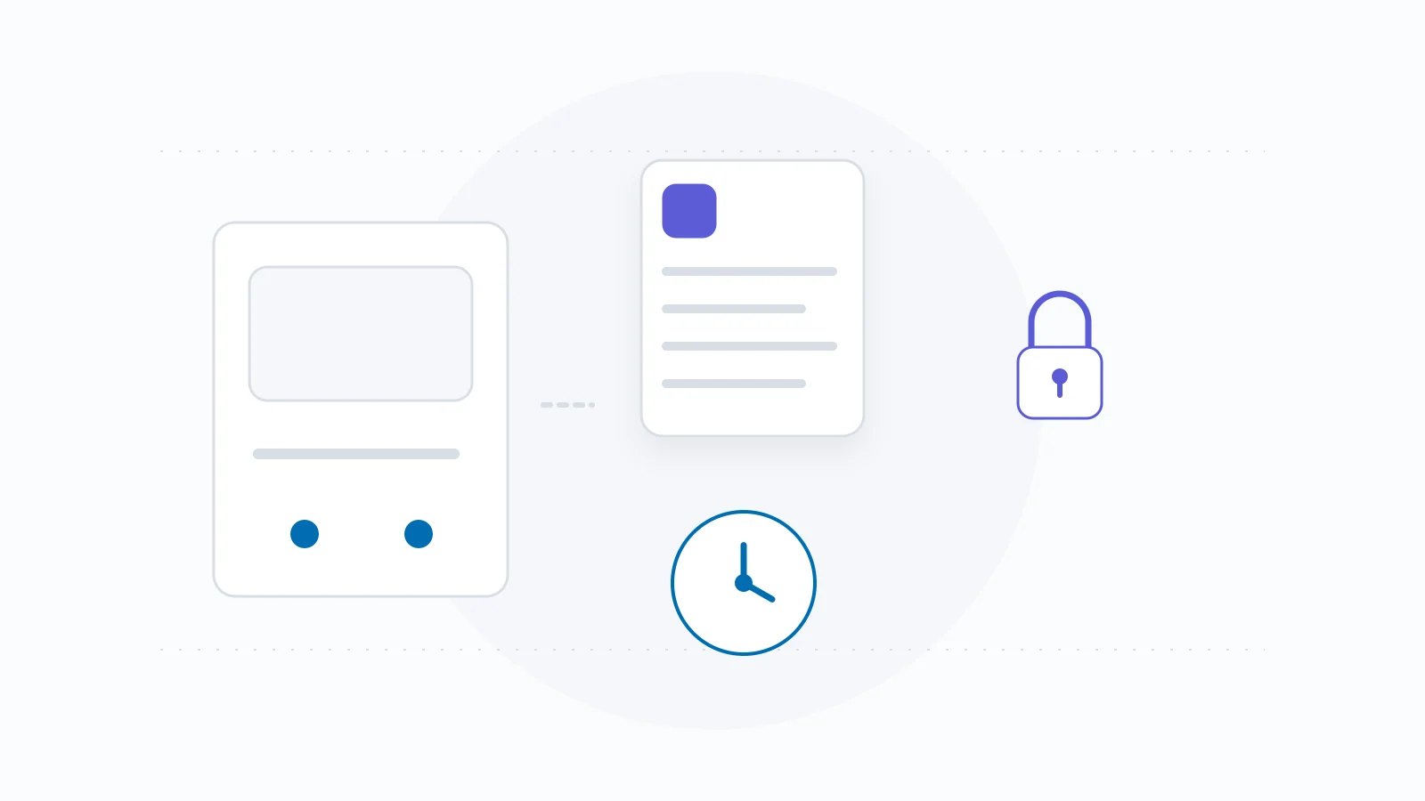 A storefront card beside a policy document, clock and protected-data lock.